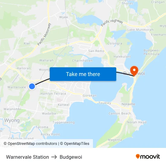 Warnervale Station to Budgewoi map