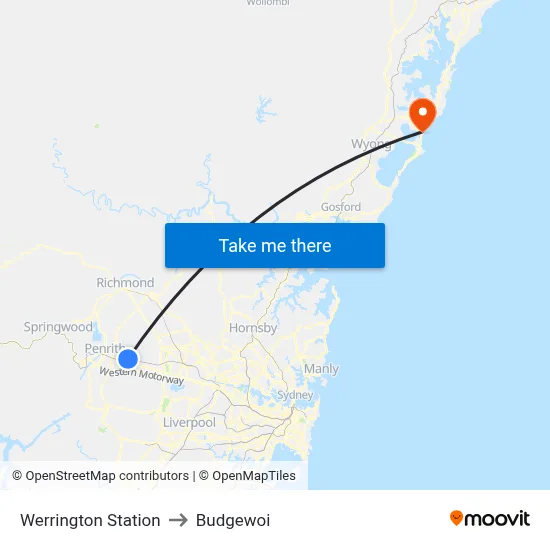 Werrington Station to Budgewoi map