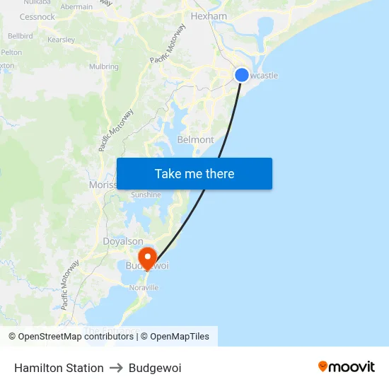 Hamilton Station to Budgewoi map