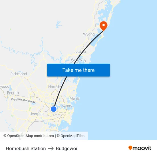 Homebush Station to Budgewoi map