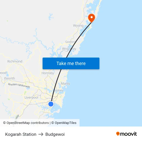 Kogarah Station to Budgewoi map