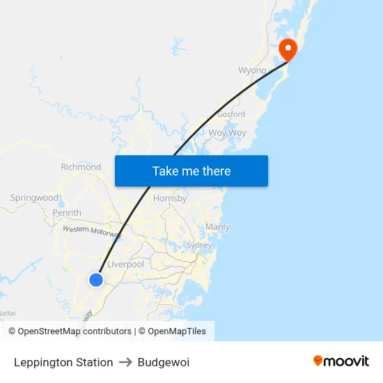 Leppington Station to Budgewoi map