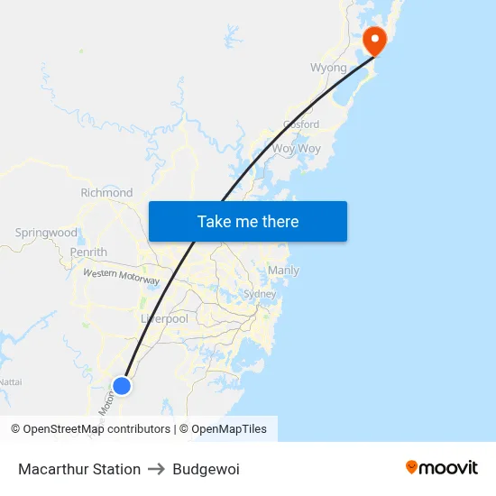 Macarthur Station to Budgewoi map