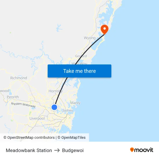 Meadowbank Station to Budgewoi map