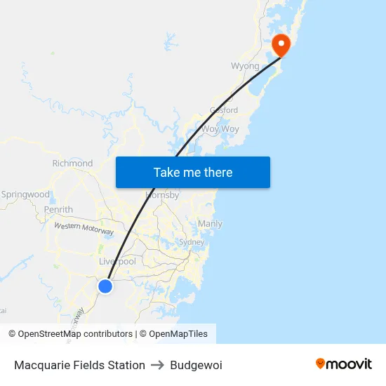 Macquarie Fields Station to Budgewoi map