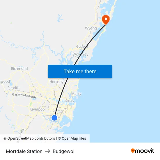 Mortdale Station to Budgewoi map