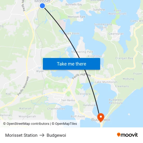Morisset Station to Budgewoi map