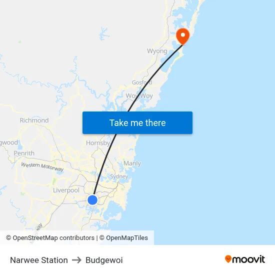 Narwee Station to Budgewoi map