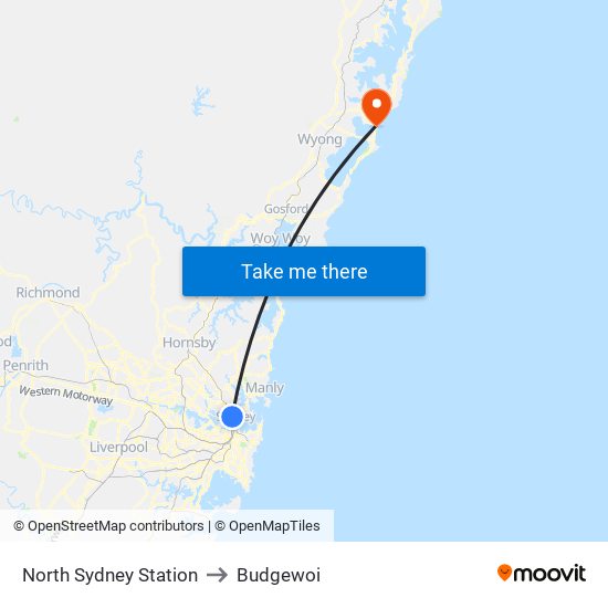 North Sydney Station to Budgewoi map