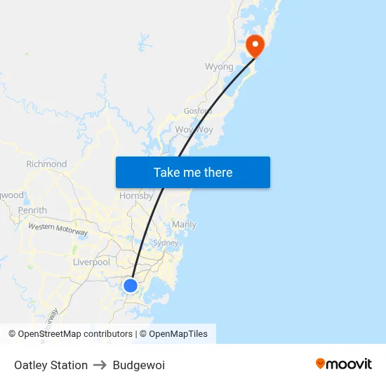 Oatley Station to Budgewoi map