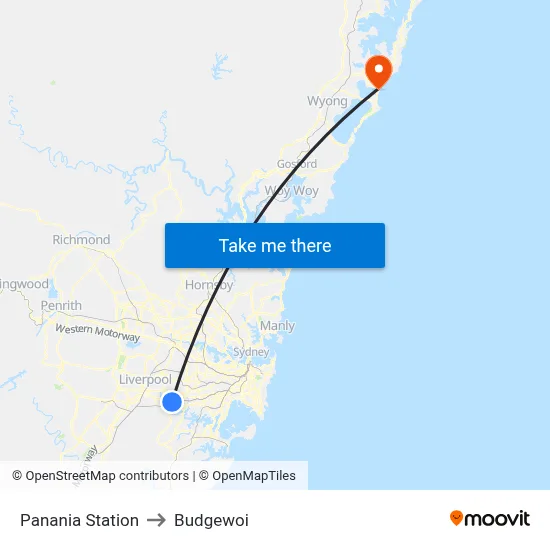 Panania Station to Budgewoi map