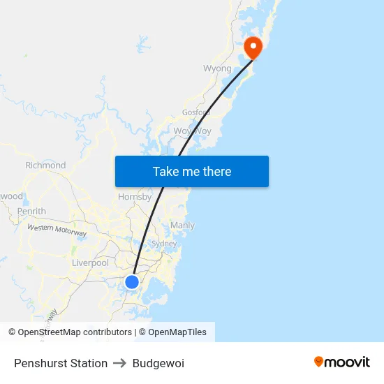 Penshurst Station to Budgewoi map