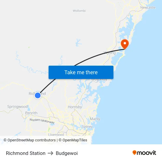 Richmond Station to Budgewoi map