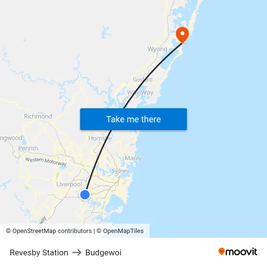 Revesby Station to Budgewoi map