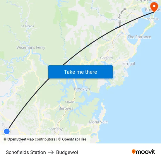 Schofields Station to Budgewoi map