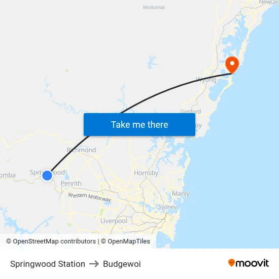 Springwood Station to Budgewoi map