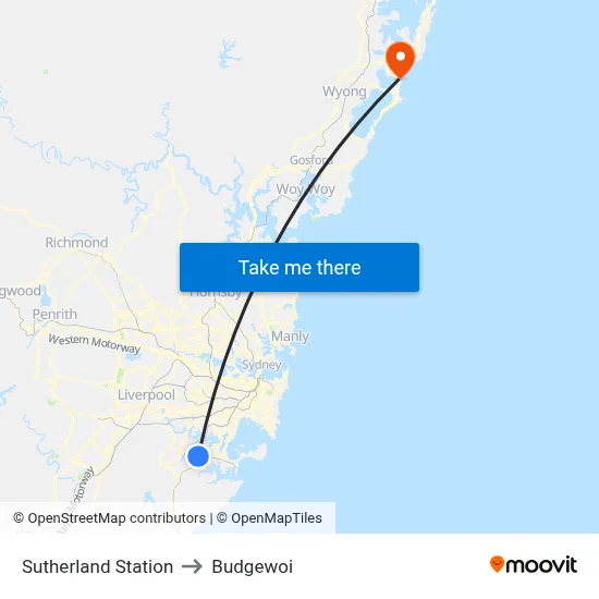 Sutherland Station to Budgewoi map