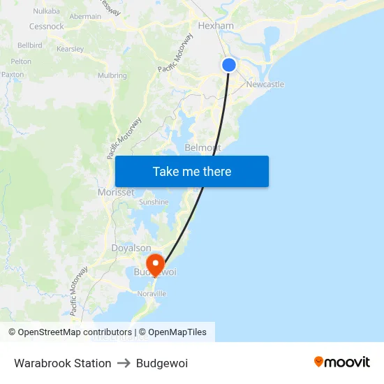 Warabrook Station to Budgewoi map