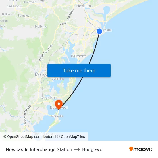 Newcastle Interchange Station to Budgewoi map