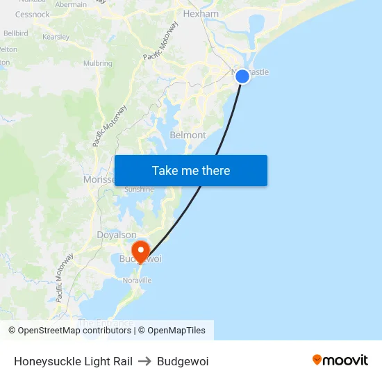 Honeysuckle Light Rail to Budgewoi map