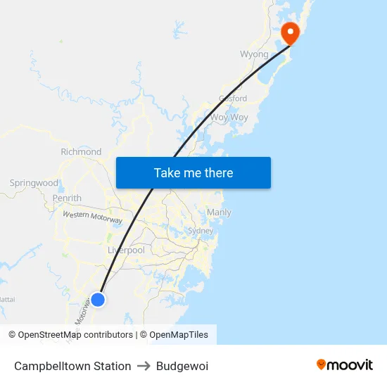 Campbelltown Station to Budgewoi map