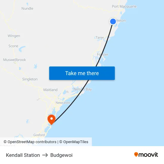 Kendall Station to Budgewoi map