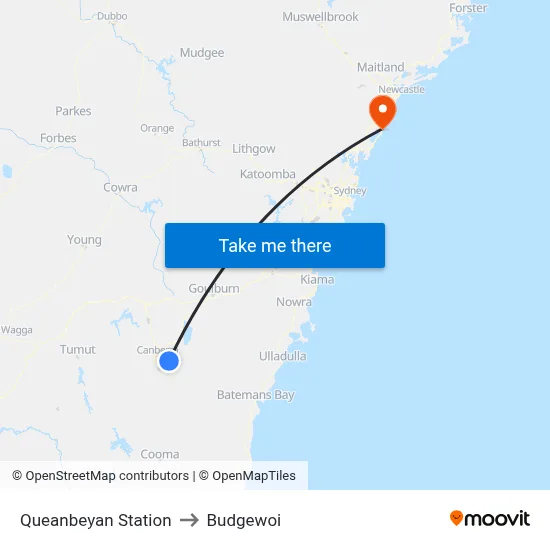 Queanbeyan Station to Budgewoi map