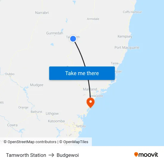 Tamworth Station to Budgewoi map