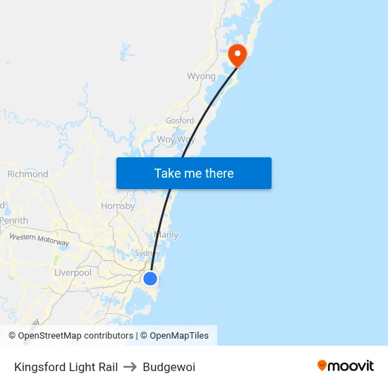 Kingsford Light Rail to Budgewoi map