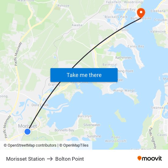 Morisset Station to Bolton Point map