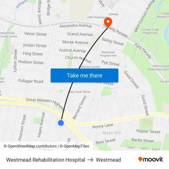 Westmead Rehabilitation Hospital to Westmead map