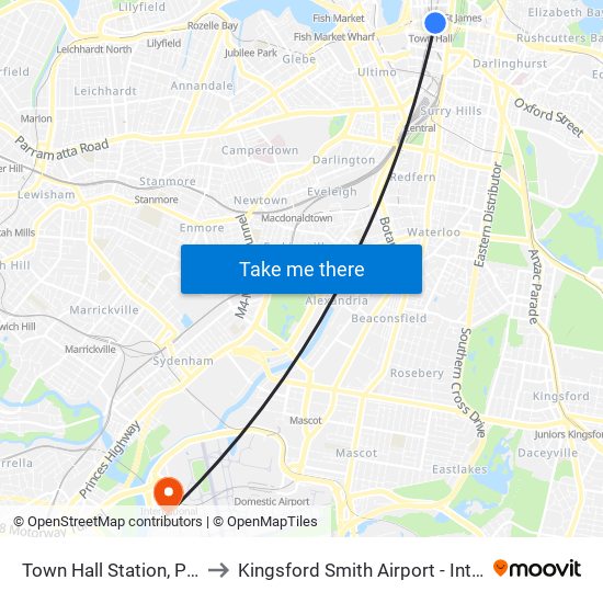 Town Hall Station, Park St, Stand J to Kingsford Smith Airport - International Terminal map