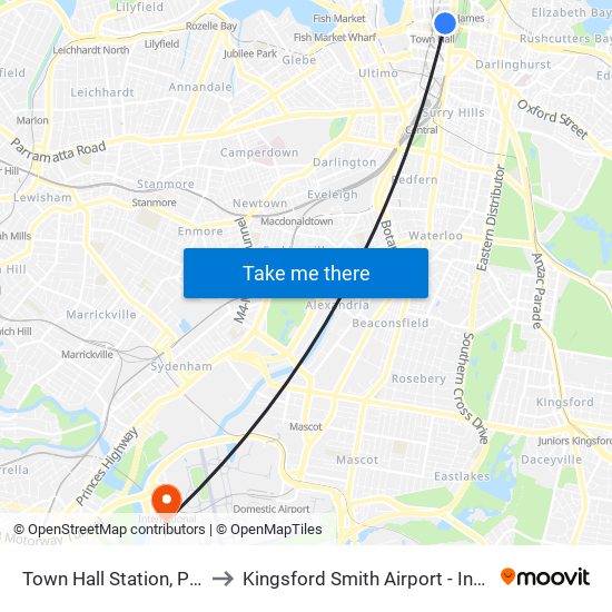 Town Hall Station, Park St, Stand G to Kingsford Smith Airport - International Terminal map