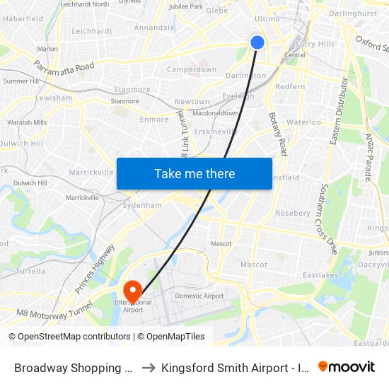 Broadway Shopping Centre, Broadway to Kingsford Smith Airport - International Terminal map