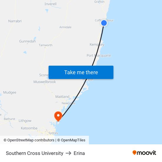 Southern Cross University to Erina map