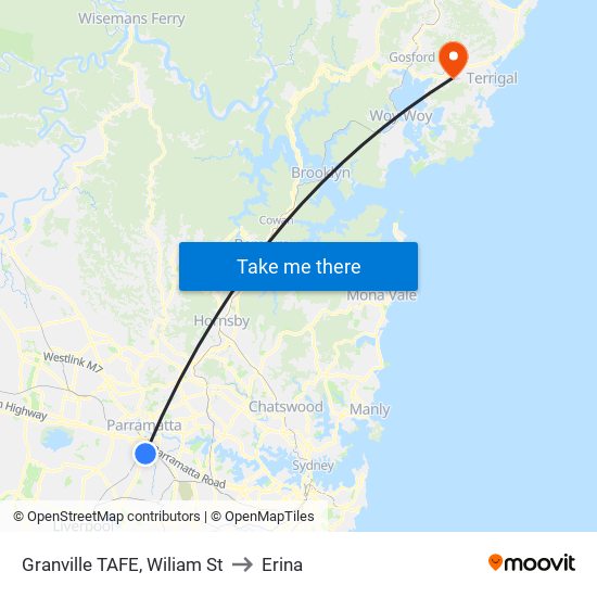 Granville TAFE, Wiliam St to Erina map