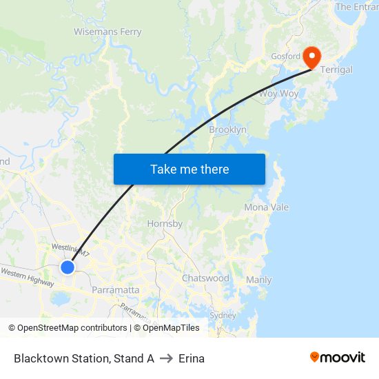 Blacktown Station, Stand A to Erina map