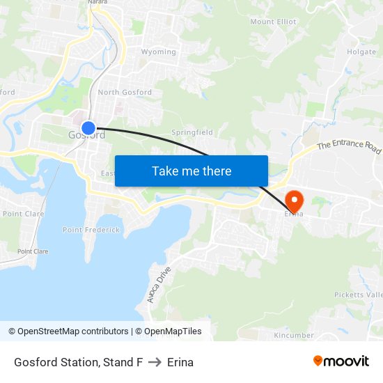 Gosford Station, Stand F to Erina map