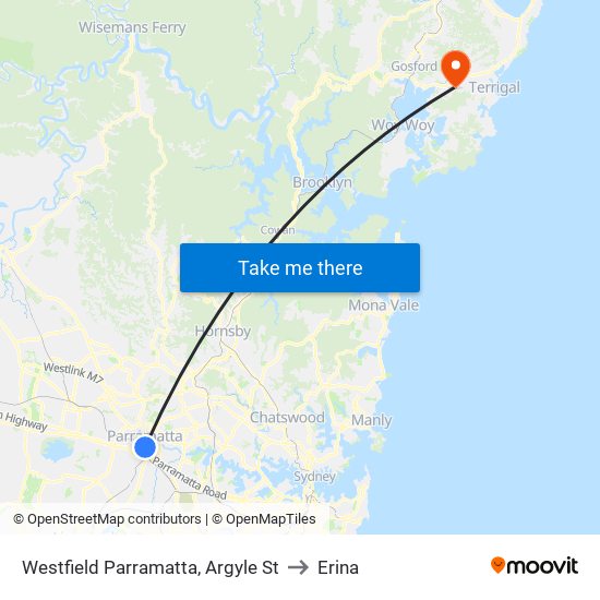 Westfield Parramatta, Argyle St to Erina map