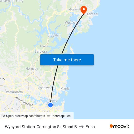 Wynyard Station, Carrington St, Stand B to Erina map