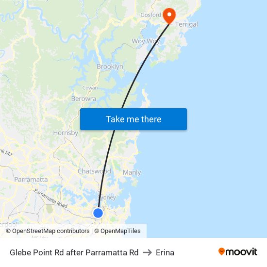 Glebe Point Rd after Parramatta Rd to Erina map