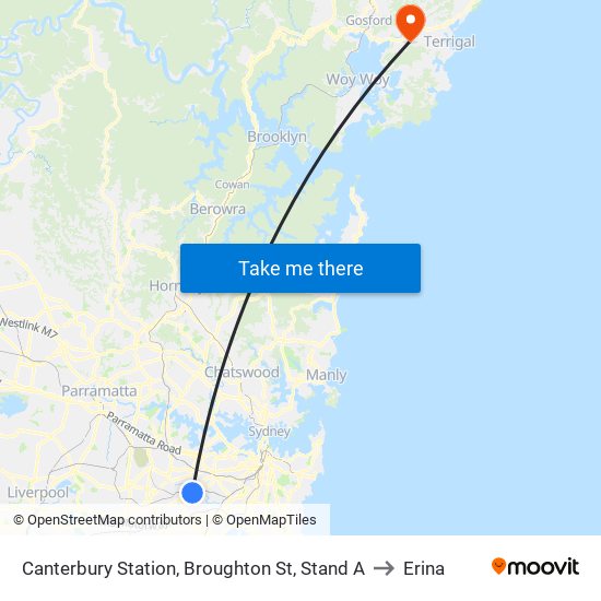 Canterbury Station, Broughton St, Stand A to Erina map