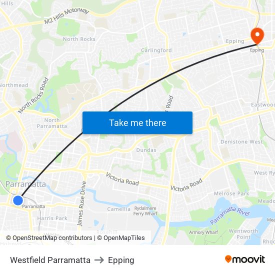 Westfield Parramatta to Epping map