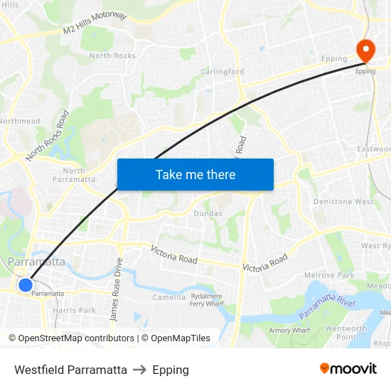Westfield Parramatta to Epping map
