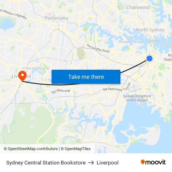 Sydney Central Station Bookstore to Liverpool map