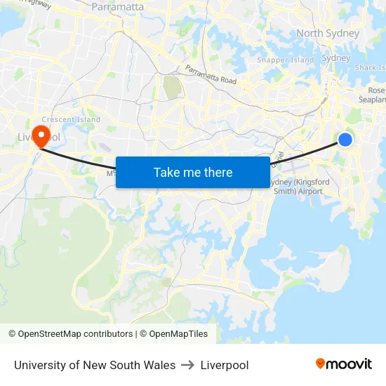 University Of New South Wales to Liverpool map