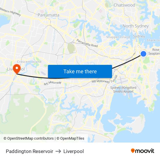 Paddington Reservoir to Liverpool map