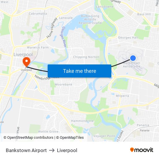 Bankstown Airport to Liverpool map