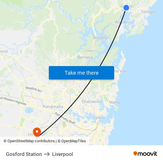 Gosford Station to Liverpool map