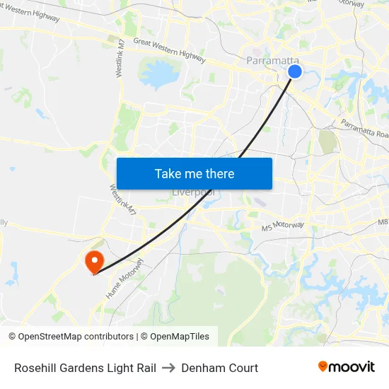 Rosehill Gardens Light Rail to Denham Court map